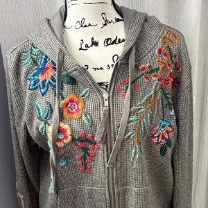Johnny Was Gray Floral Embroidered Cardigan